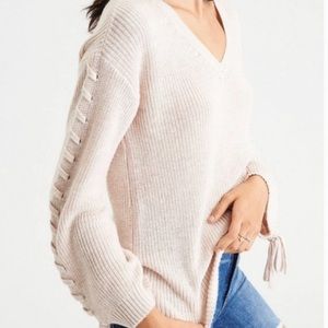 🌈American Eagle Lace Up Sleeve Cream Sweater